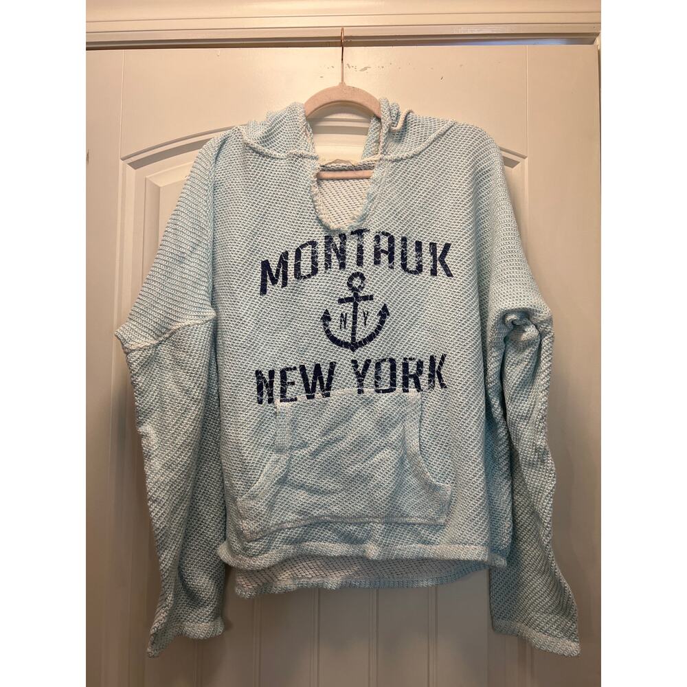 Ocean Drive Women Long Sleeve Montauk New York Pullover Hoodie‎ Top Size XL Blue